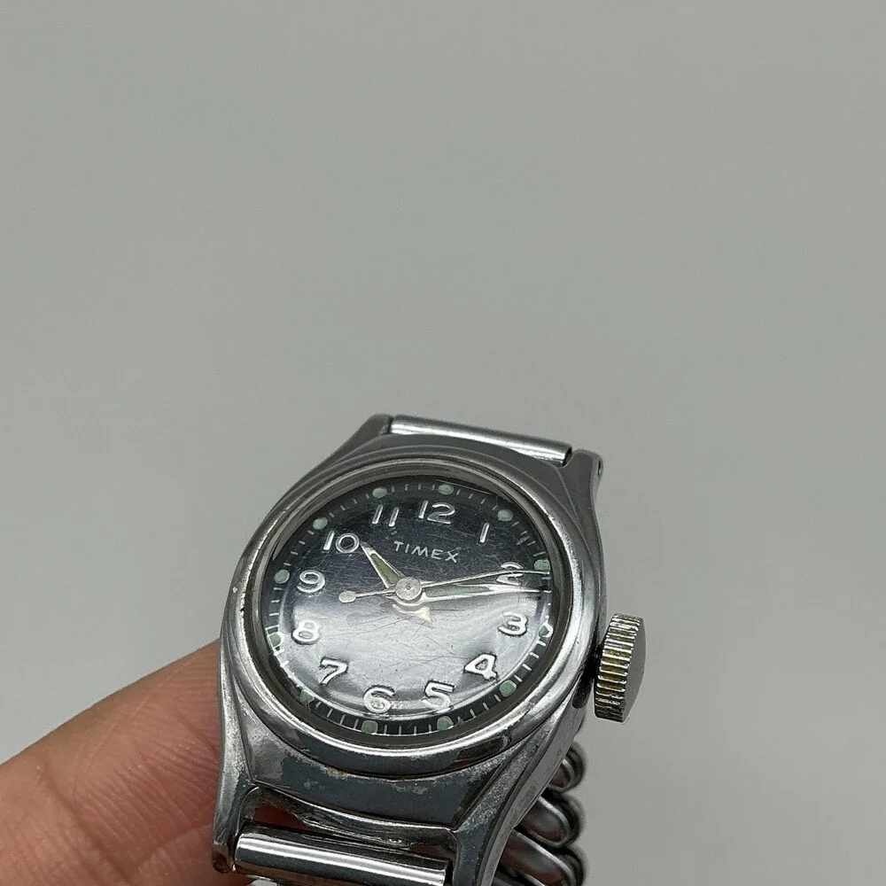 Vintage Timex 1960's Womens Watch 23mm Black Dial Stainless Stretch Band Manual